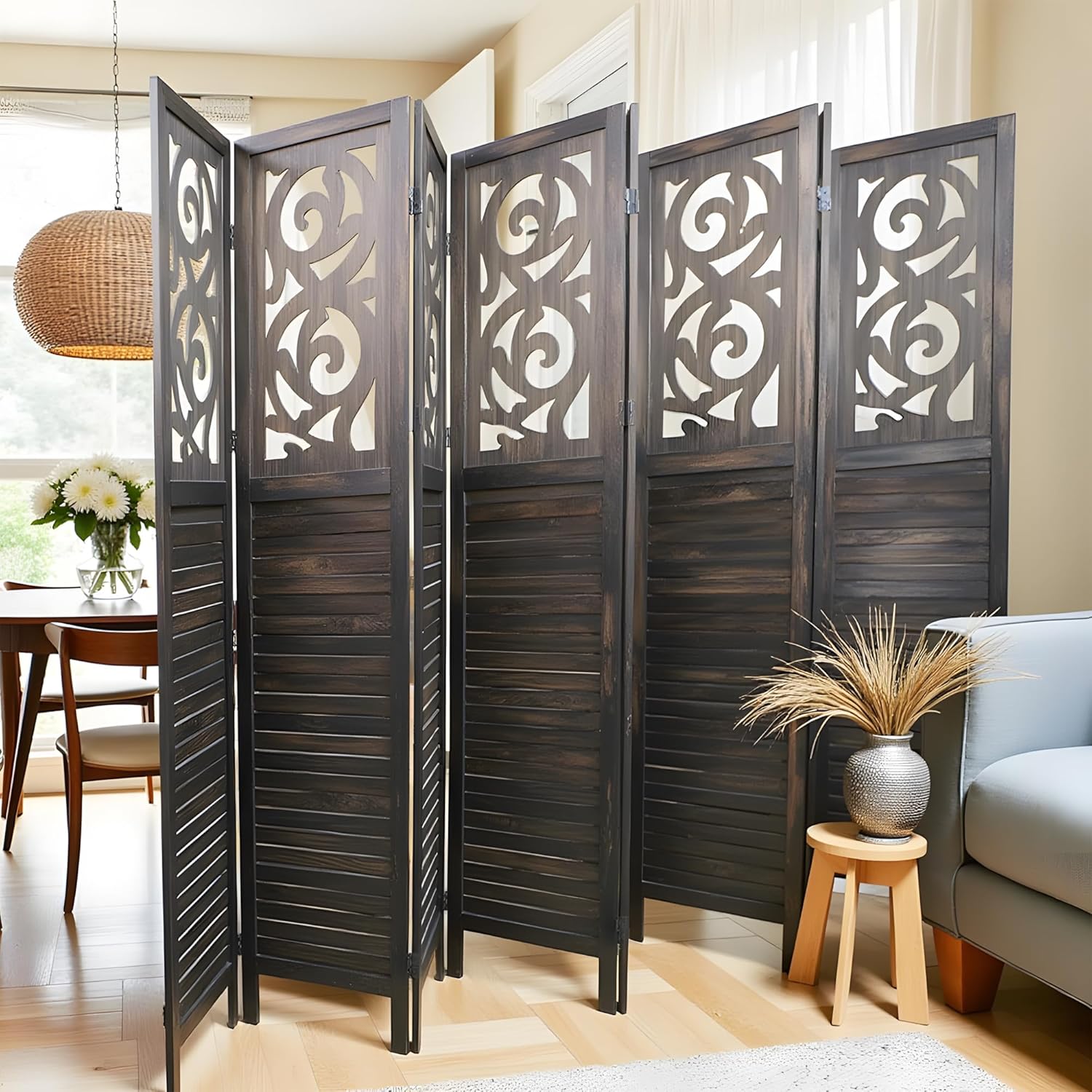 8 Panel Room Dividers 6FT Wall Divider Carved Wood Room Separator Folding Privacy Screens Cutout Design Foldable Partition Wall for Office Restaurant, Studio Apartment, Rustic Brown