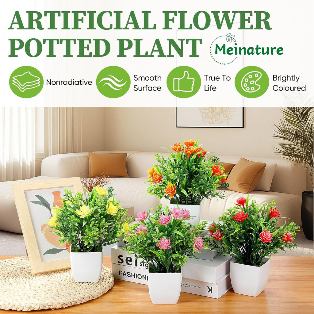 Fake Plants 4 Packs, Small Artificial Plants with Flowers, Black Faux Plants for Bathroom, Office, Home, Conference Table Decor, Indoor Desk Decor for Library, Restaurant (Spring Color 2)