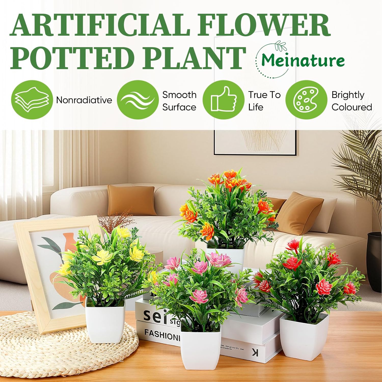 Fake Plants 4 Packs, Small Artificial Plants with Flowers, Black Faux Plants for Bathroom, Office, Home, Conference Table Decor, Indoor Desk Decor for Library, Restaurant (Spring Color 2)