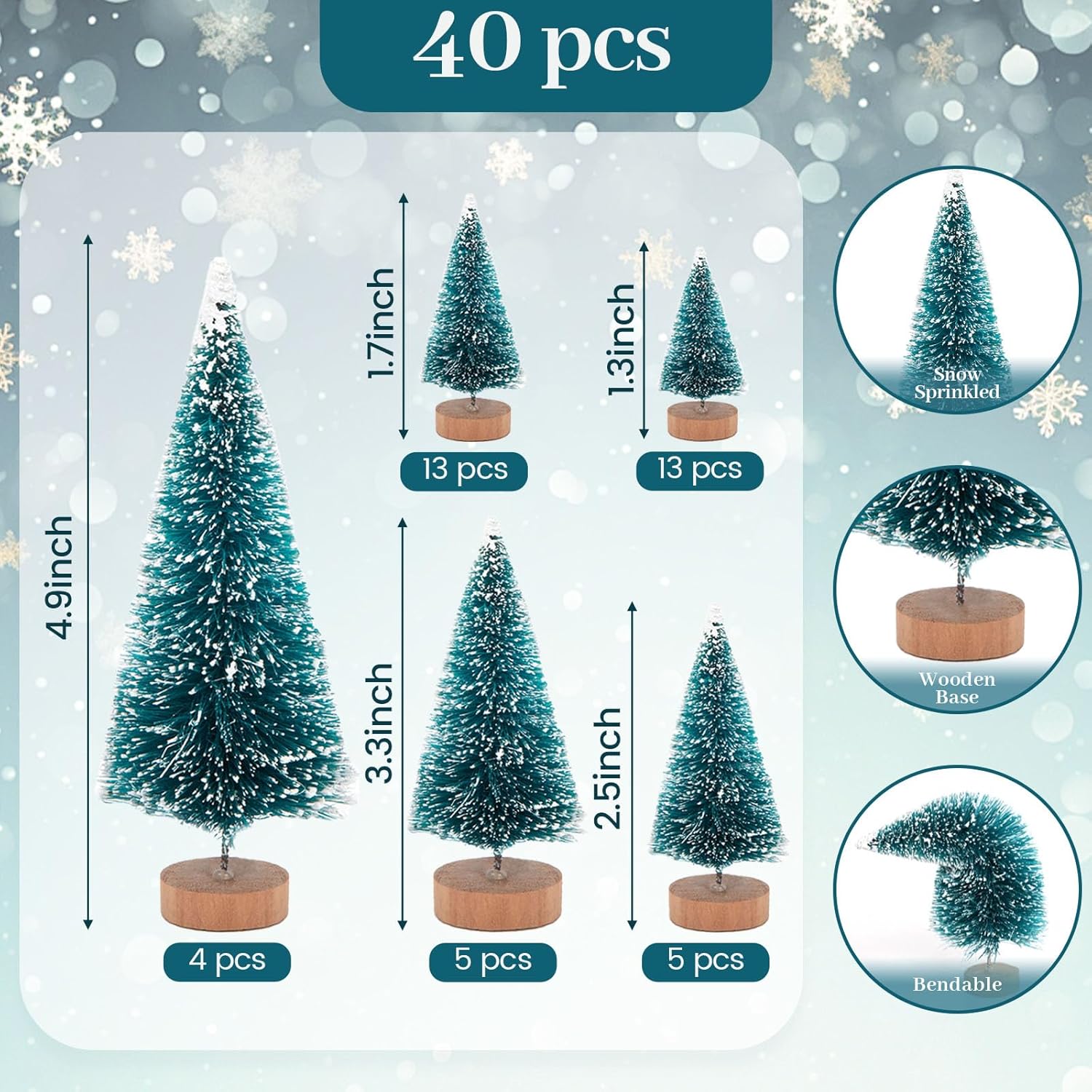 LOVEINUSA 40 Pack Mini Christmas Bottle Brush Trees, Tabletop Snow Flocked Village Trees in 5 Sizes for Christmas Village, Diorama & Holiday Table Decor
