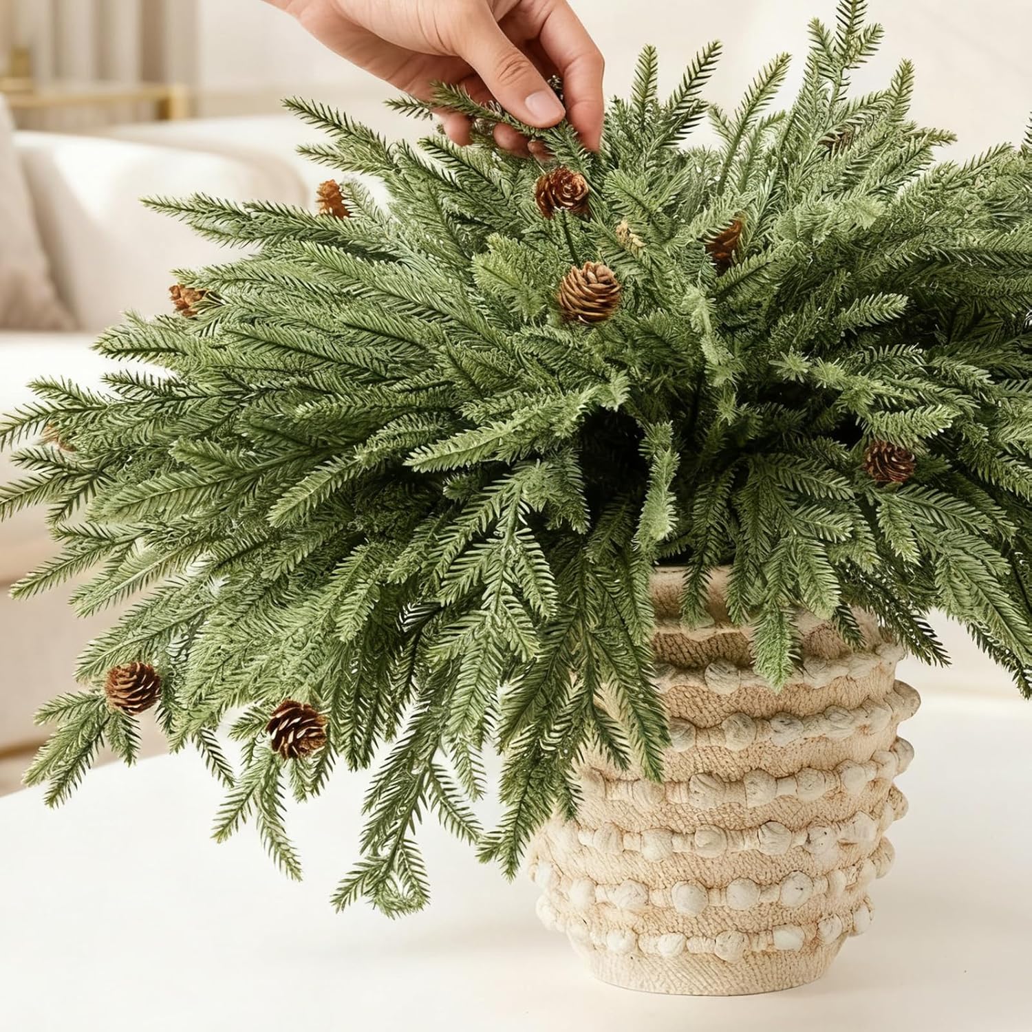 DN DECONATION Artificial Christmas Norfolk Pine Stems, Faux Pine Branches with Cones 22.4" 12PCS - Greenery Fake Pine Needles for Vase Arrangements, Winter, Holiday Indoor Outdoor Home Decor