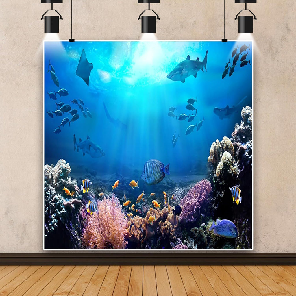AOFOTO 10x10ft Underwater World Backdrop for Photography Aquarium Seabed Rocks Lights Coral and Fishes Tropical Ocean Scene Under The Sea Background Kids Party Decoration Banner Photobooth Props