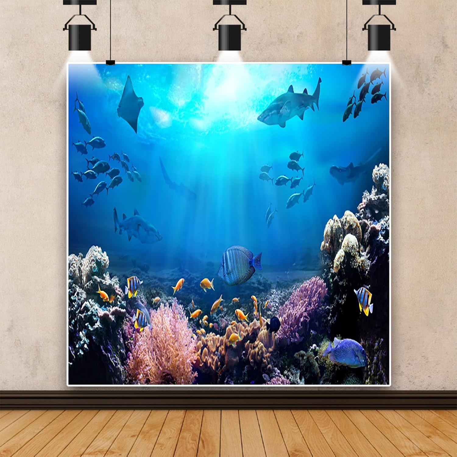 AOFOTO 10x10ft Underwater World Backdrop for Photography Aquarium Seabed Rocks Lights Coral and Fishes Tropical Ocean Scene Under The Sea Background Kids Party Decoration Banner Photobooth Props