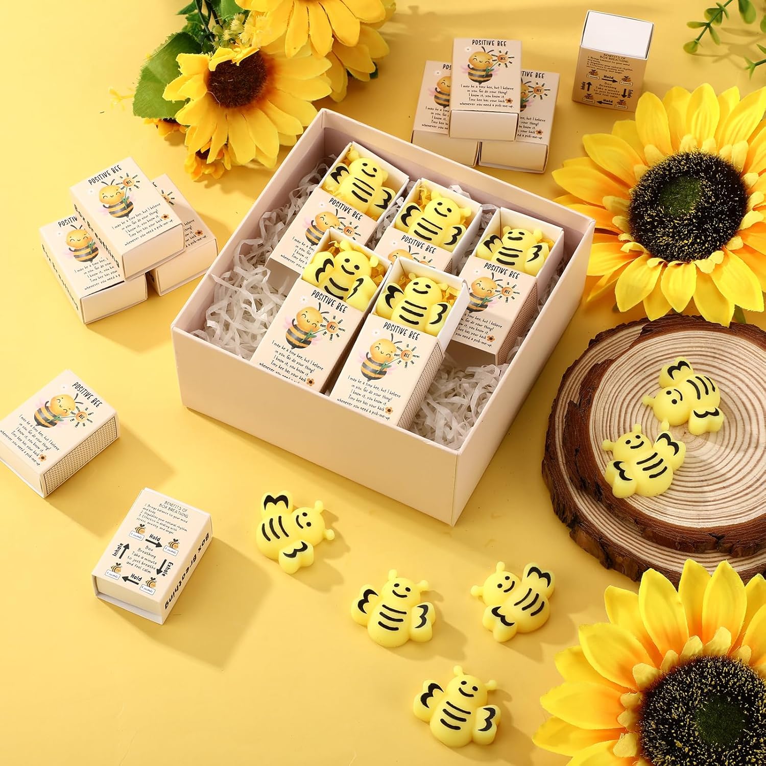 Wettarn 24 Sets Bee Gifts Positive Cute Stress Balls with Support Gift Boxes Inspirational Party Favors for Employee Coworker Friends Office Stress Relief Toys