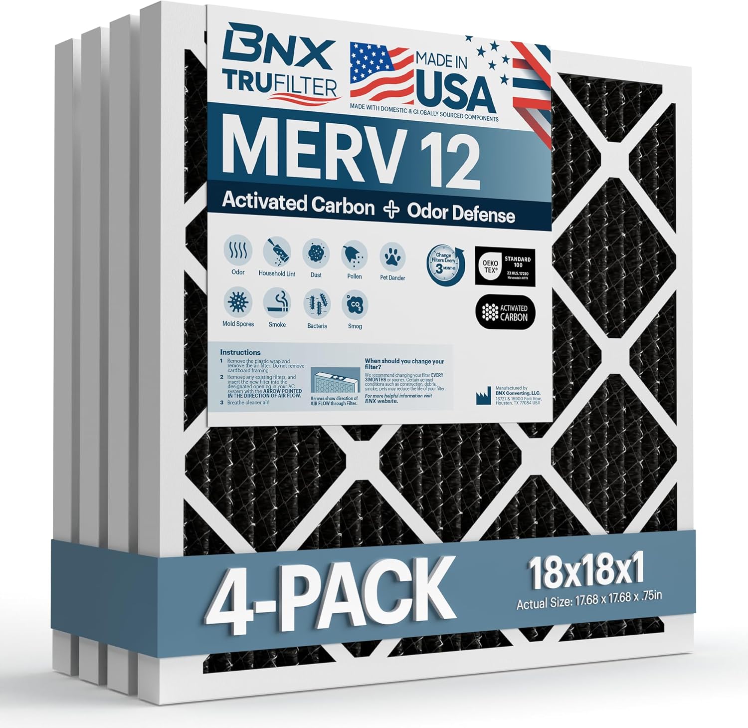 BNX TruFilter 18x18x1 MERV 12 Odor Defense (4-Pack) AC Furnace Air Filter with Activated Carbon - MADE IN USA - Pleated Air Conditioner HVAC AC Furnace Filters - Removes Odor, Mold, Bacteria, Smoke