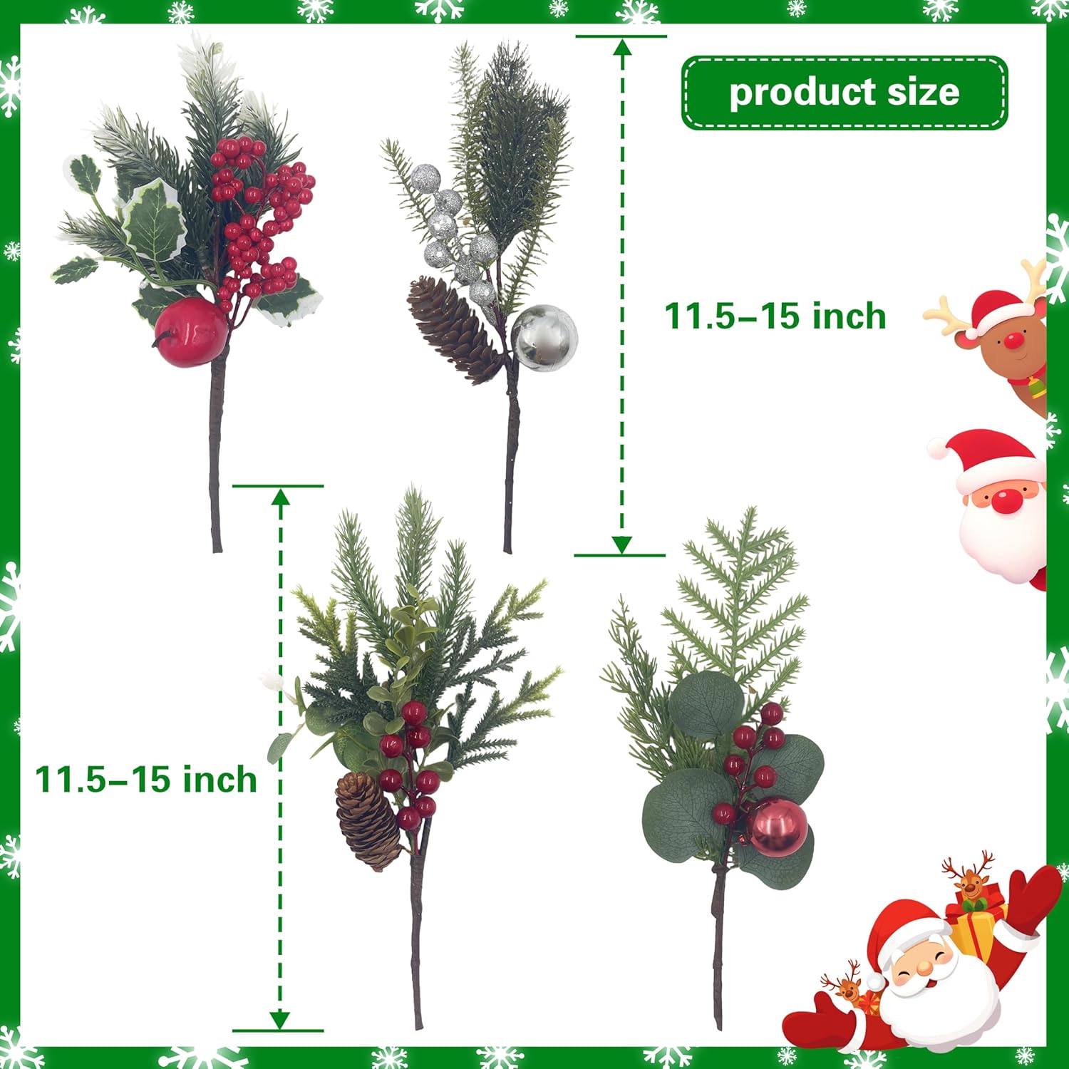 12 Pack Christmas Pine Picks with Red Berry Stems, Holly Eucalyptus Branches with Pinecone Sliver Ornament for Vase Filler Floral Arrangements DIY