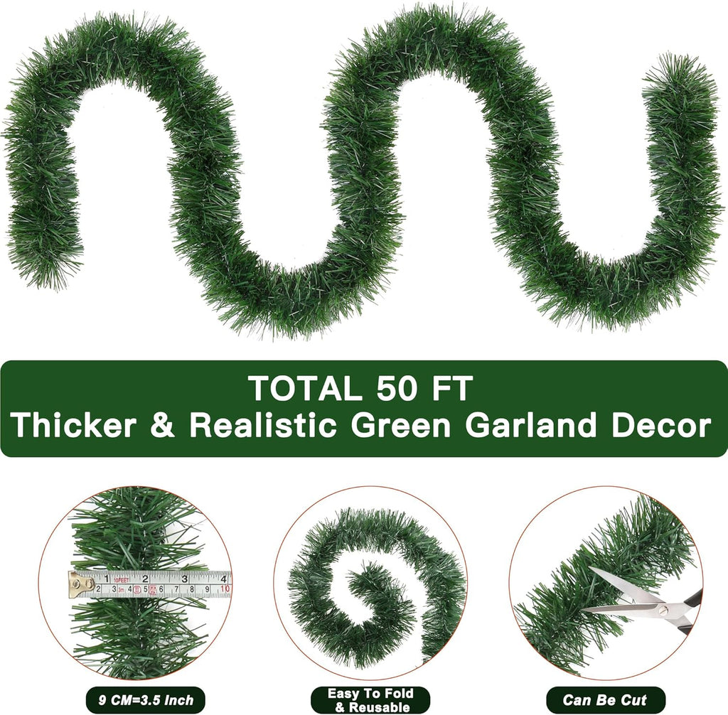 50 Feet Christmas Garland Greenery Christmas Decor, Artificial Pine Garlands Xmas Decorations for Stairs Mantle Fireplace Home Party Holiday Soft Green Garland Christmas Decoration Indoor Outdoor