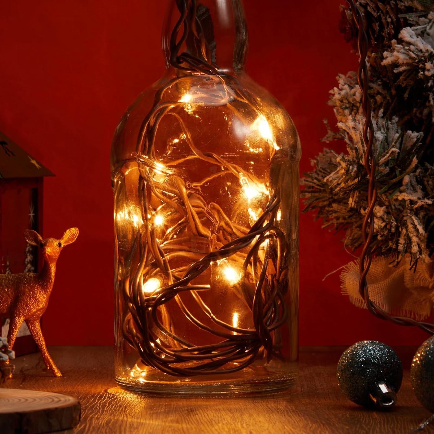 Mini Christmas Lights String Warm White Vintage Short Strand String Lights, Clear Bulbs Wire Fit Light up Christmas Decorations(10 Bulbs Connectable,8ft,Brown)