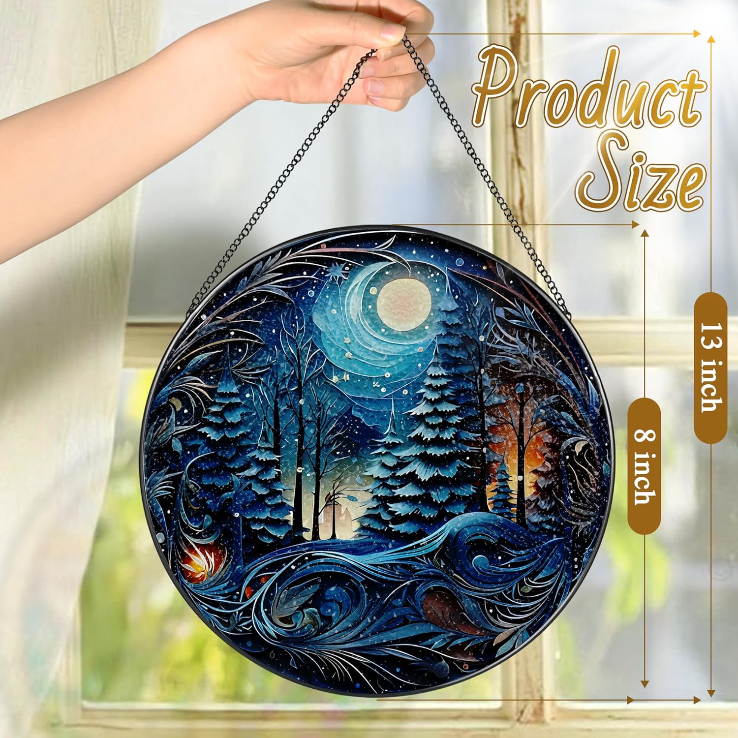 8-Inch Starry Night Forest Suncatcher Ornament, Stained Glass Window Hanging & Stained Glass Holiday Ornament, Sun Catcher Window Decor — Magical Gift for Nature Lovers, Gifts for Christmas & Holidays