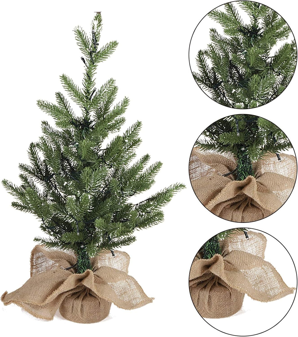 MorTime 24 Inch Mini Artificial Christmas Tree with 50 LED Lights, 2 ft Table Top Christmas Pine Tree 29 Tips with Burlap Wooden Base, Christmas Winter Home Decorations