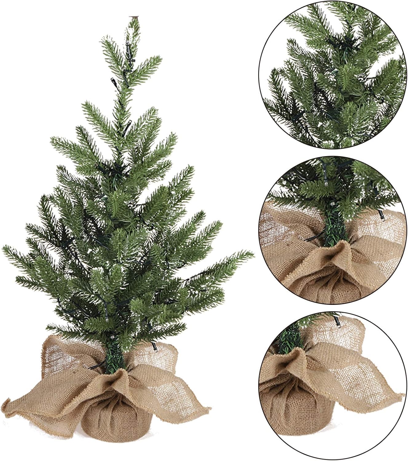 MorTime 24 Inch Mini Artificial Christmas Tree with 50 LED Lights, 2 ft Table Top Christmas Pine Tree 29 Tips with Burlap Wooden Base, Christmas Winter Home Decorations