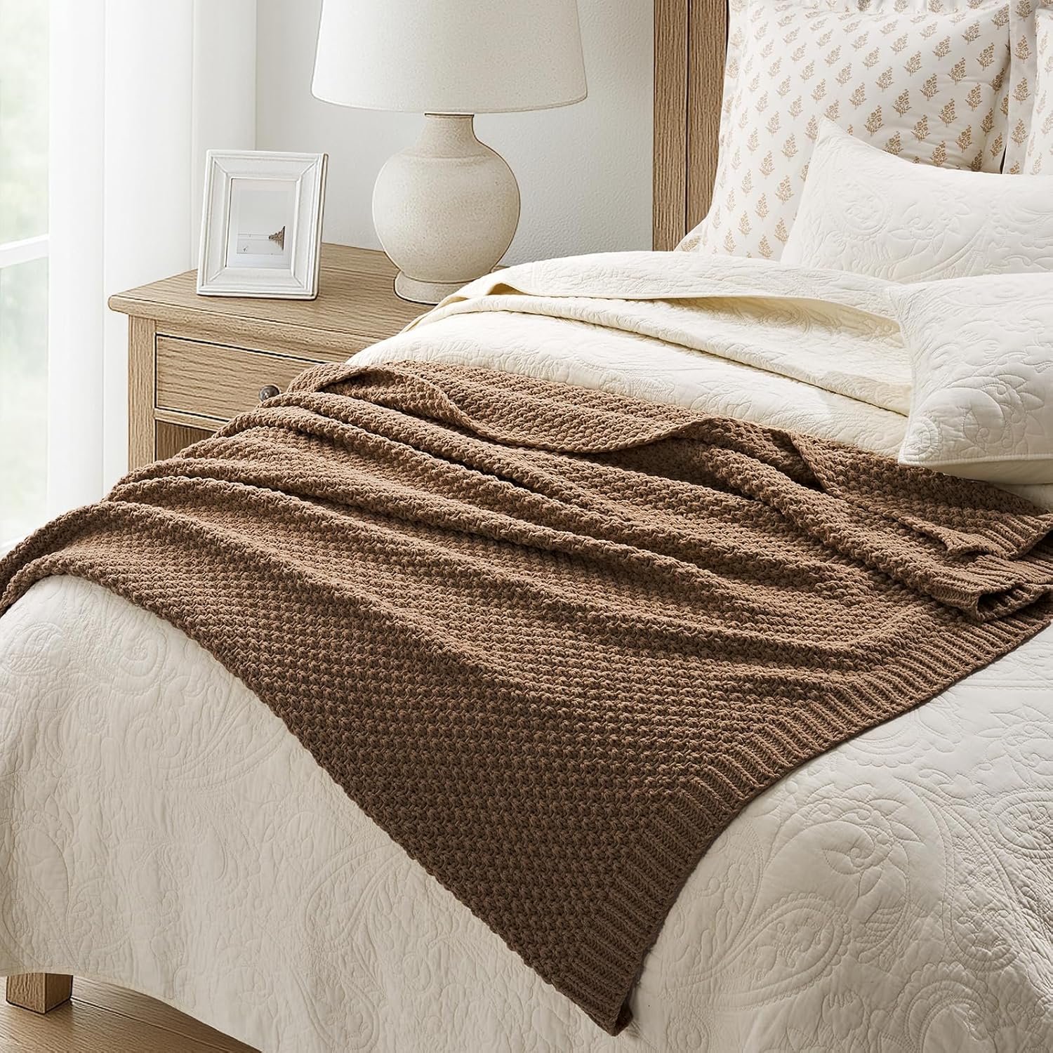 EVERGRACEHOME Chunky Chenille Knit Throw Blanket for Couch, Soft Luxurious Moss Stitch Blankets for Bed, Cozy Decorative Farmhouse Knitted Throws for Sofa, Camel Brown, 50" x 60"