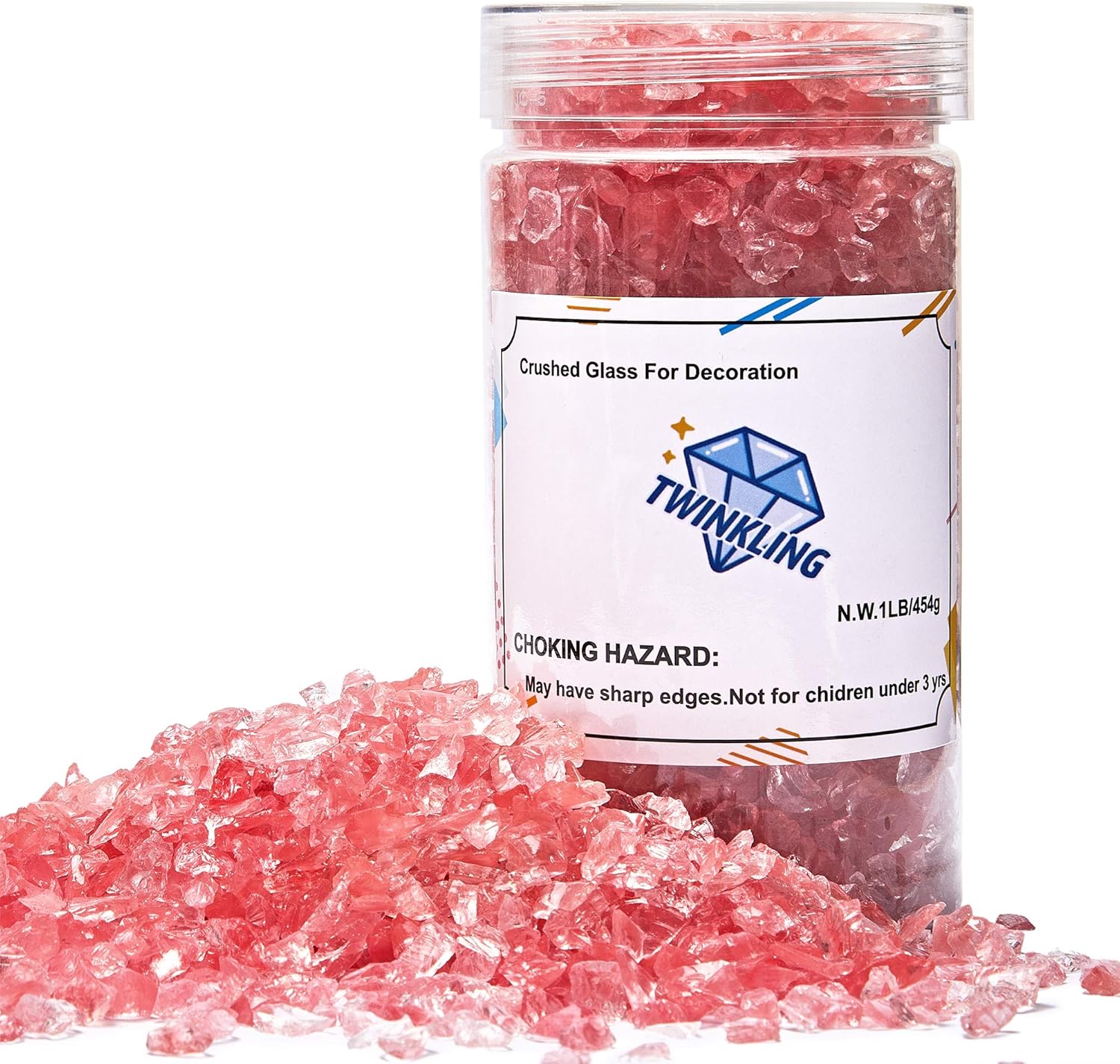 TWINKLING High Luster Fire Glass Gravel Stone Glitter,Broken Glass,Fire Gems Chips,Crushed Glass for Fire Pit Crafts Resin Art Aquarium Garden Decoration,3-6mm,1-Pound Jar (Watermelon Red)