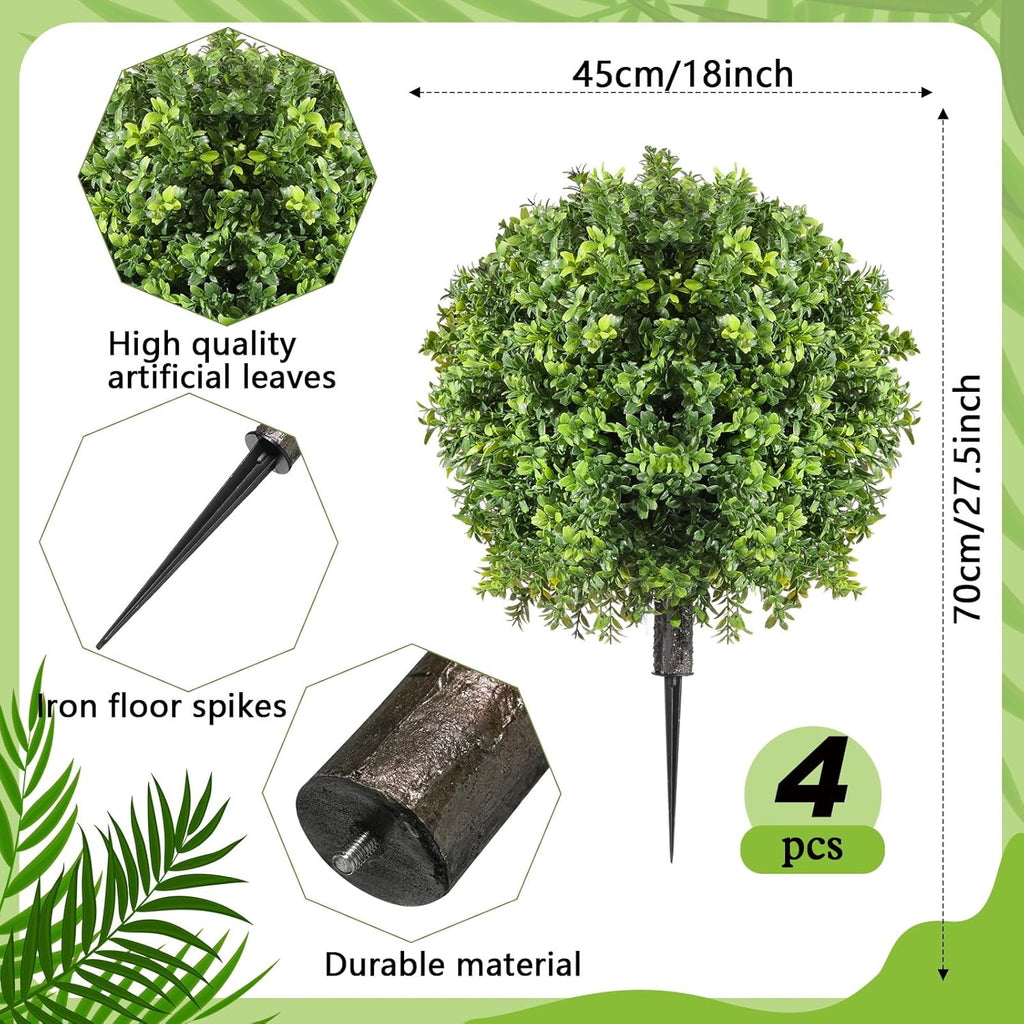 4 Pcs Artificial Boxwood Topiary Ball Bush 26" Tree UV Resistant with Spike Easy to Push in The Ground Fake Boxwood Plants Faux Greenery Shrubs for Indoor Outdoor Home Garden (Light Green)