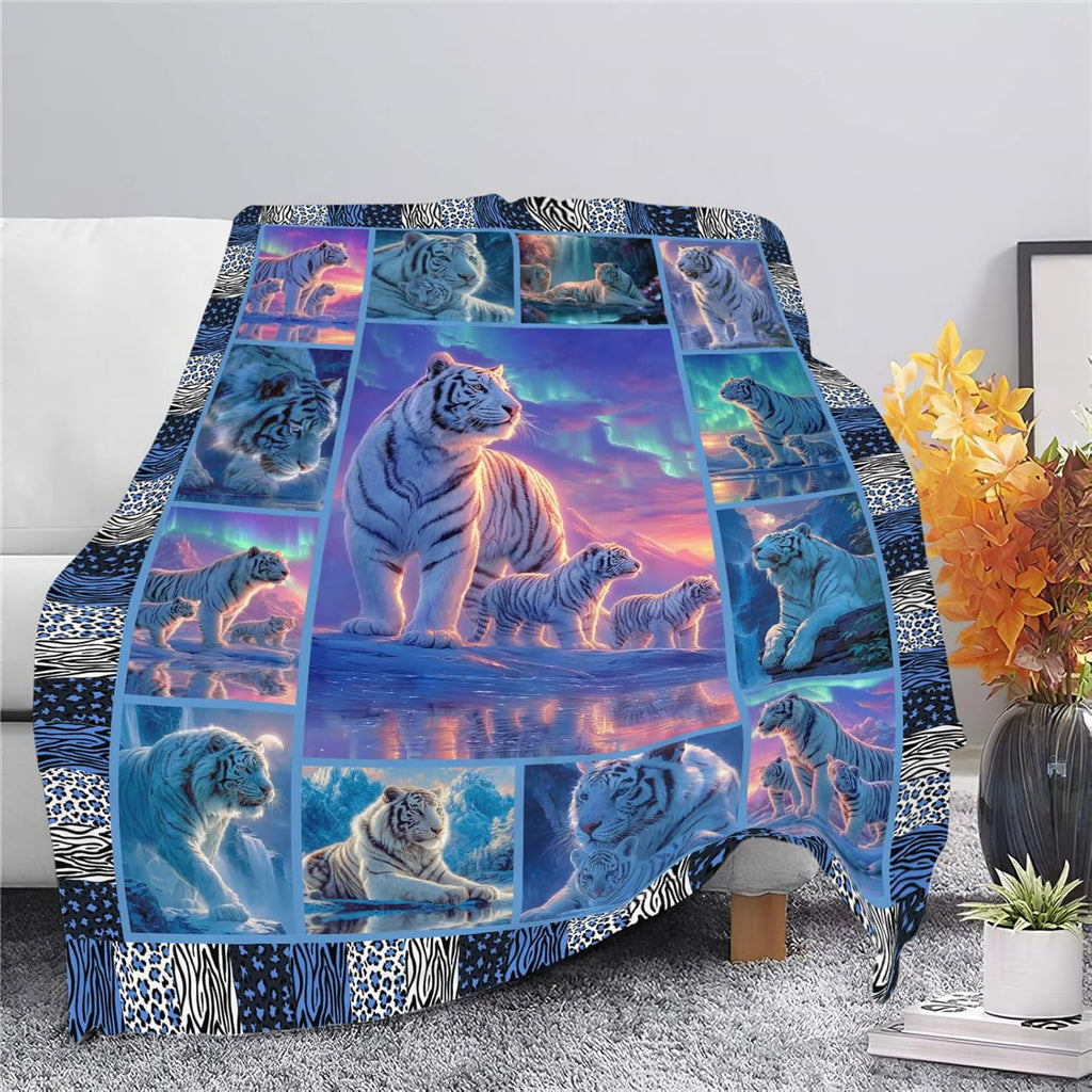 White Tiger Throw Blanket White Tiger Stuff Gifts for Kids Girls Boys Adults Women Men Soft Cozy Warm Plush Fluffy Fuzzy Fleece Blanket Decor 60''X80''