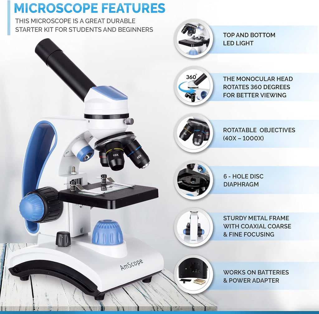 AmScope - Deluxe Student Microscope Set - 40X-1000X Dual Light, Glass Lens, Metal Frame Compound Microscope + Slides + Specimen Preparation Kit + Book - M162C-2L-WM-SP14