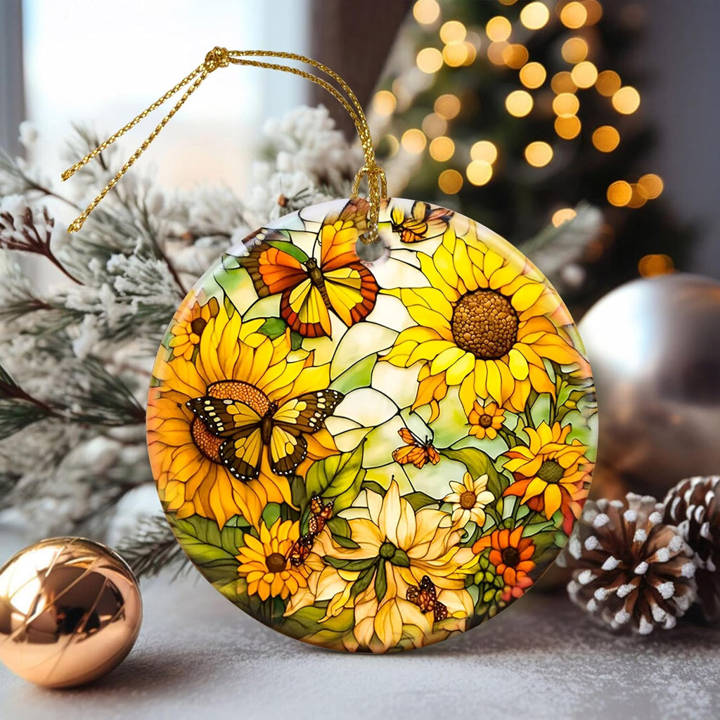 Stained Ceramic Butterfly with Sunflower Christmas Hanging Ornament for Tree Decorations Ideas