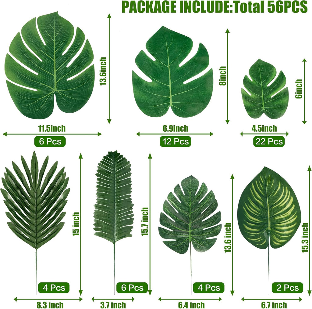 Sggvecsy 56 Pieces 7 Kinds Artificial Tropical Palm Leaves Tropical Leaves Monstera Leaves Safari Jungle Leaf with Stems for Hawaiian Luau Party Beach Table Wedding Shower Birthday Theme Decorations