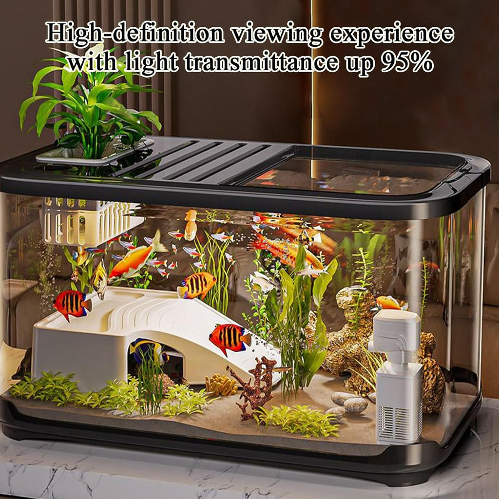 Fish Tank Kit – Starter Aquarium with Ventilated Lid, Stairs and Decor, Complete Aquatic Habitat | Suitable for Turtles Shrimp Plants Gravel Sand Saltwater Landscaping and Aquatic Life Display