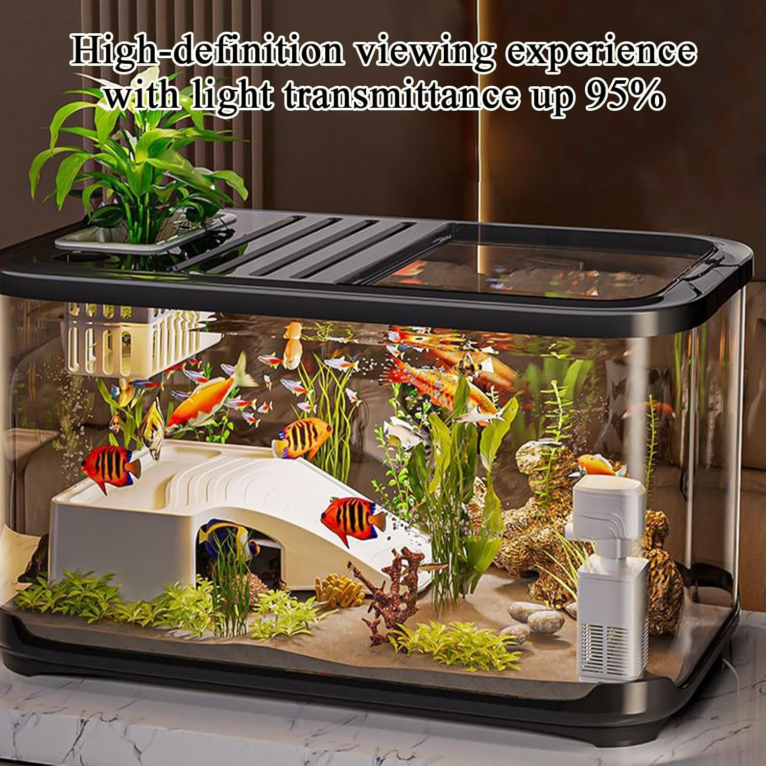 Fish Tank Kit – Starter Aquarium with Ventilated Lid, Stairs and Decor, Complete Aquatic Habitat | Suitable for Turtles Shrimp Plants Gravel Sand Saltwater Landscaping and Aquatic Life Display