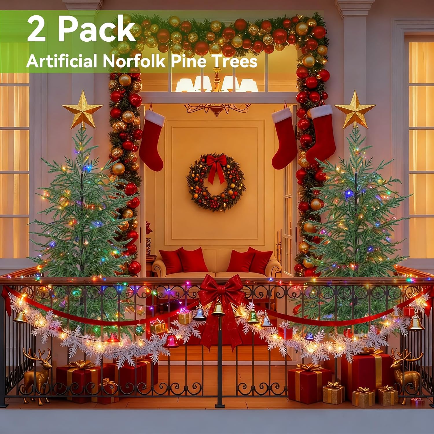 4FT Artificial Norfolk Pine Tree, 2pc Artificial Christmas Tree Faux Potted Plants for Front Porch Christmas Indoor Outdoor Decor