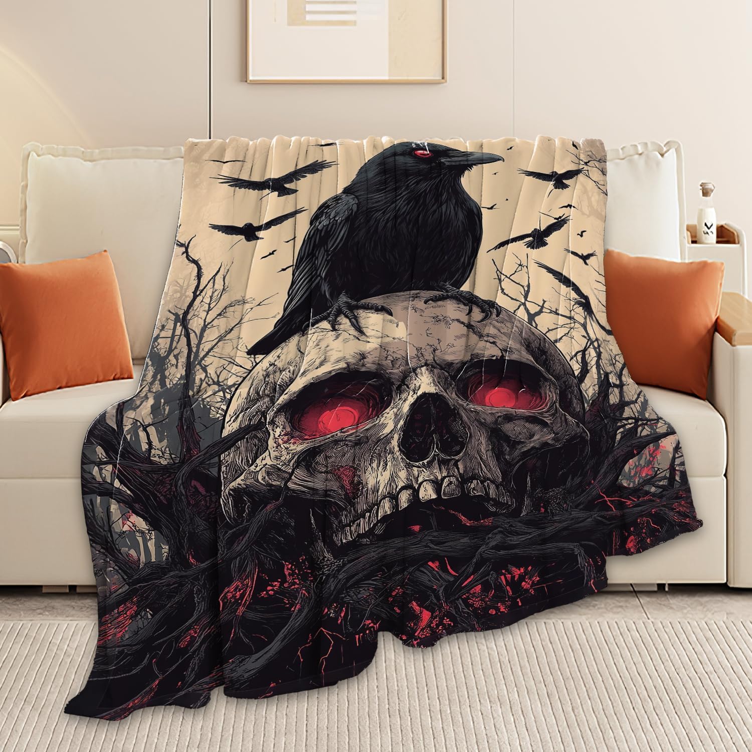 Skull Blanket Skeleton Throw Blanket Crow Gifts for Men Women Boys Girls Kids Adults Super Soft Cozy Plush Fluffy Fuzzy Fleece Blanket Decor 60''X80''