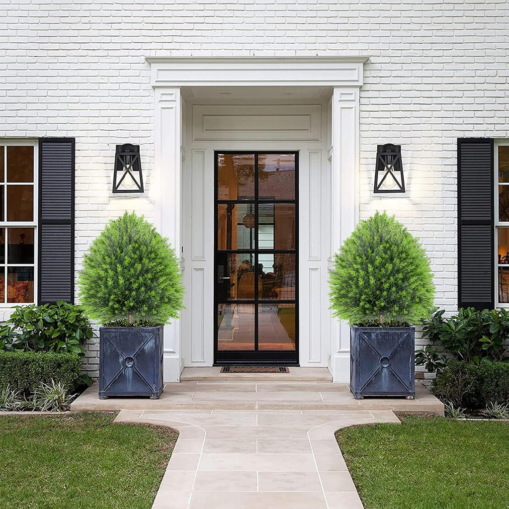 25.6" Artificial Cedar Topiary Ball Plants: Set of 2 Faux Cypress Bushes with Spike – UV Resistant & Fade Resistant Artificial Shrubs, Fake Evergreen Trees for Outdoor Indoor Front Porch Garden