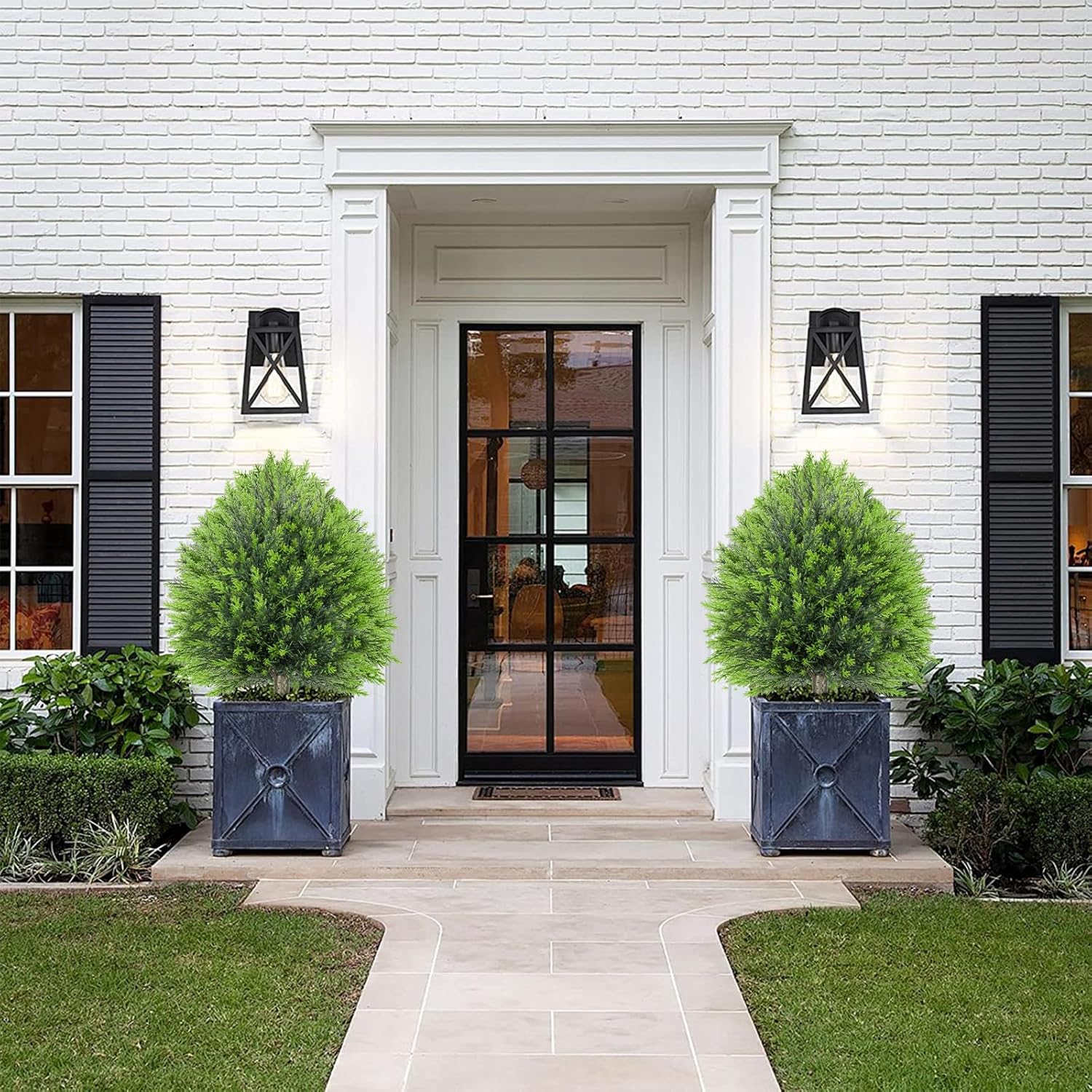 25.6" Artificial Cedar Topiary Ball Plants: Set of 2 Faux Cypress Bushes with Spike – UV Resistant & Fade Resistant Artificial Shrubs, Fake Evergreen Trees for Outdoor Indoor Front Porch Garden