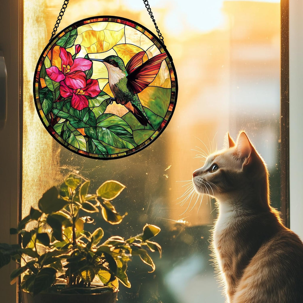 Stained Glass Suncatcher, Hummingbird Red Flowers Green Leaves Sun Catcher Stain Glass Window Hanging Decoration Mother's Day Birthday Gifts for Bird Lover Women Men Mom Nana 15 in
