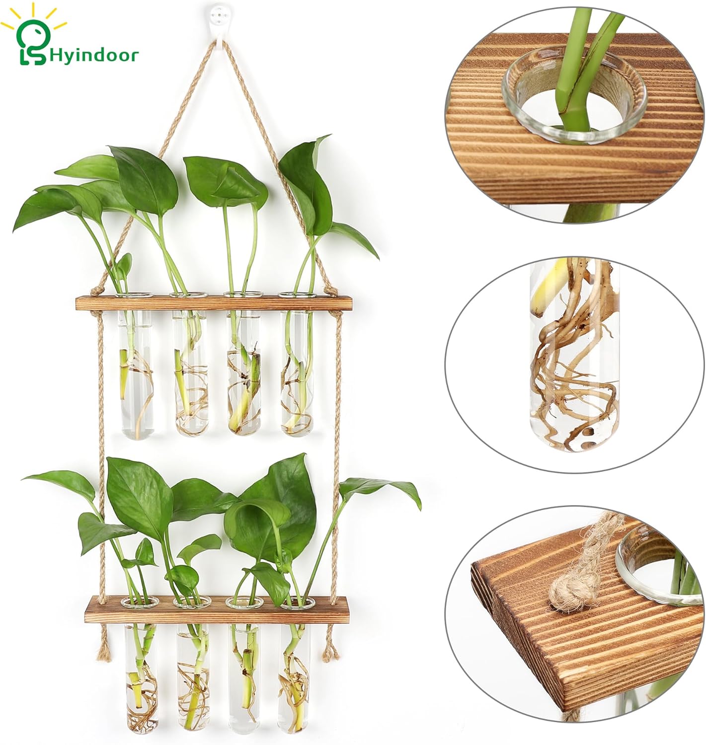 Wall Hanging Planter Terrarium 2 Tired Test Tube Vase Glass Planter Plant Propagation Station Plant Hangers of Rope with Wooden Stand and 8 Tubes for Hydroponic Plant Cutting