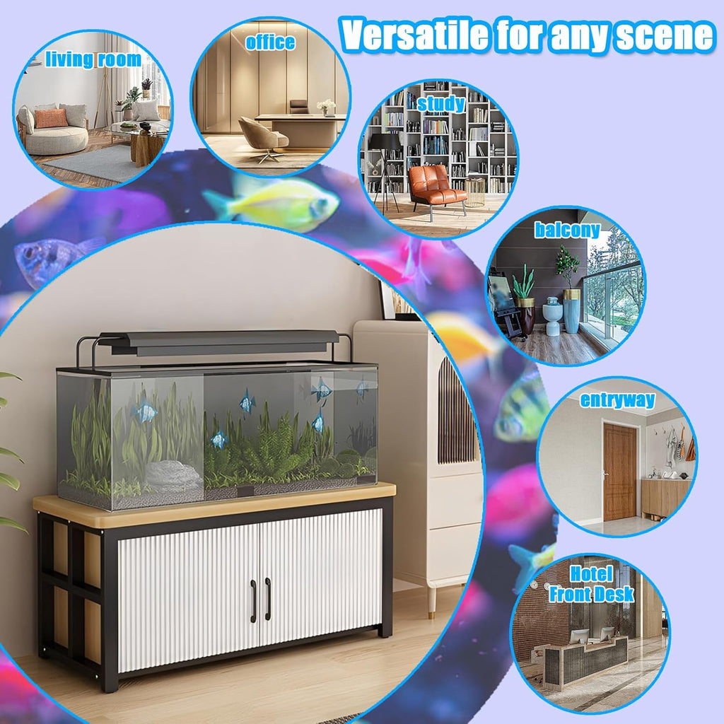 5-75Gallon Aquarium Stands,3 Tier Metal Frame Fish Tank Stand with Cabinet Storage,Reptile Tank Stand for Home Living Room Bedroom Office,2200LBS Capacity (Black+Light Mahogany, L23.6″*W11.8″*H23.6″)