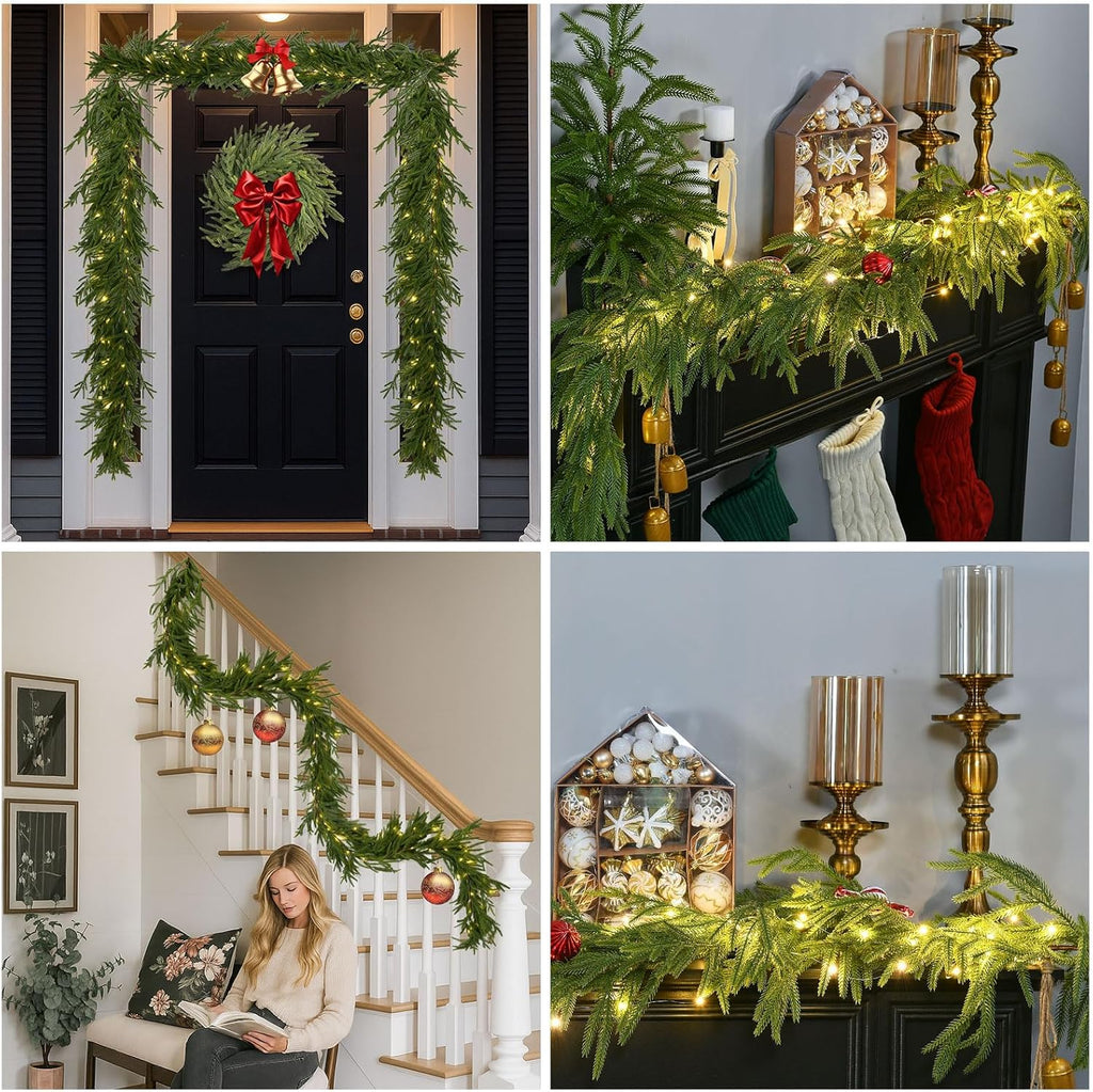 6FT 1Pack Real Touch Christmas Norfolk Pine Garland, Artificial Christmas Garland with Lights, Faux Greenery Garland for Fireplace Mantle Table Wall Stair Indoor Outdoor Holiday Xmas Decor