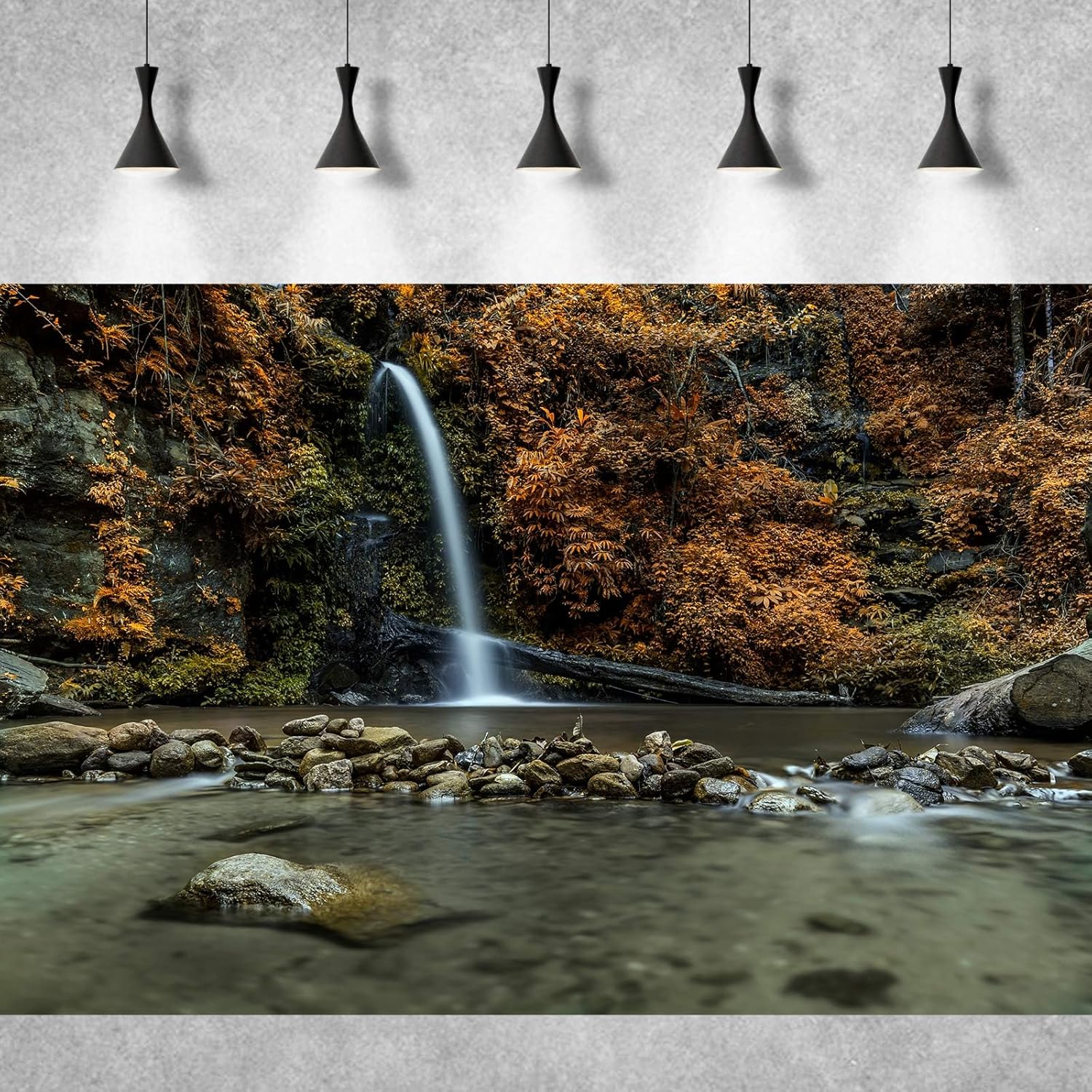 Waterfall Aquarium Background Natural Autumn Forest Yellow Leaves Landscape Terrarium Background Tranquil Lake Stream with Rocks Fish Tank Background Falls Theme Aquarium Backdrop Vinyl 36x24in
