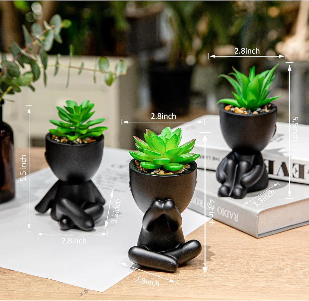 HEYO-YEPY 3PCS Cute Artificial Plant Office Decor for Women and Men, Aesthetic Desk Plant Decor for Office and Home, Potted Small Fake Plants for Indoor Decoration, Black Pots Green Plants