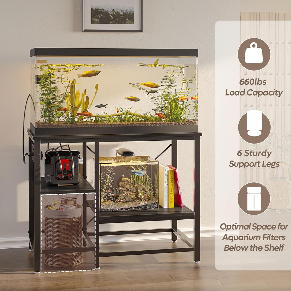 Bestier 40-50 Gallon Fish Tank Stand with Power Outlet, 36x19 Metal Aquarium Stand, 6-Leg Reptile Tank Stand with 3-Tier Adjustable Storage Shelves, 660LBS Capacity, Black Oak