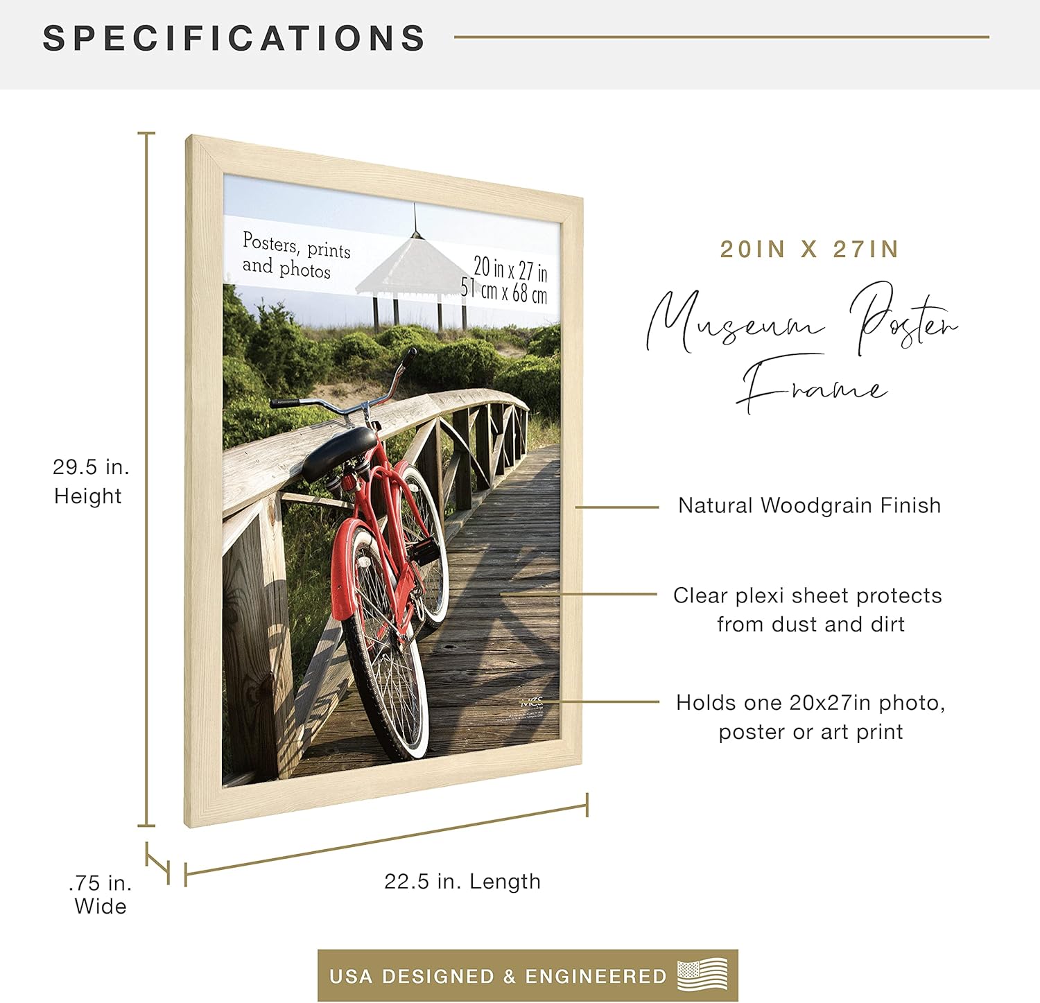 MCS Museum Poster Frame 20x27 Natural Woodgrain, Vertical & Horizontal Wall Hanging Large Picture Frame for Photos, Posters & Art Prints (1-Pack)