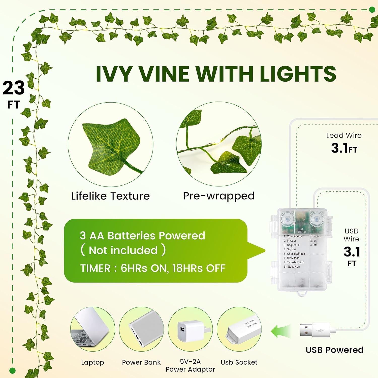 Vine with String Lights Battery Operated, 23FT 73 LED Ivy Leaf Lights USB Powered, Lighted Ivy Garland for Bedroom, Wall, Party, Garden, Birthday, Wedding, Room Decor, Warm White