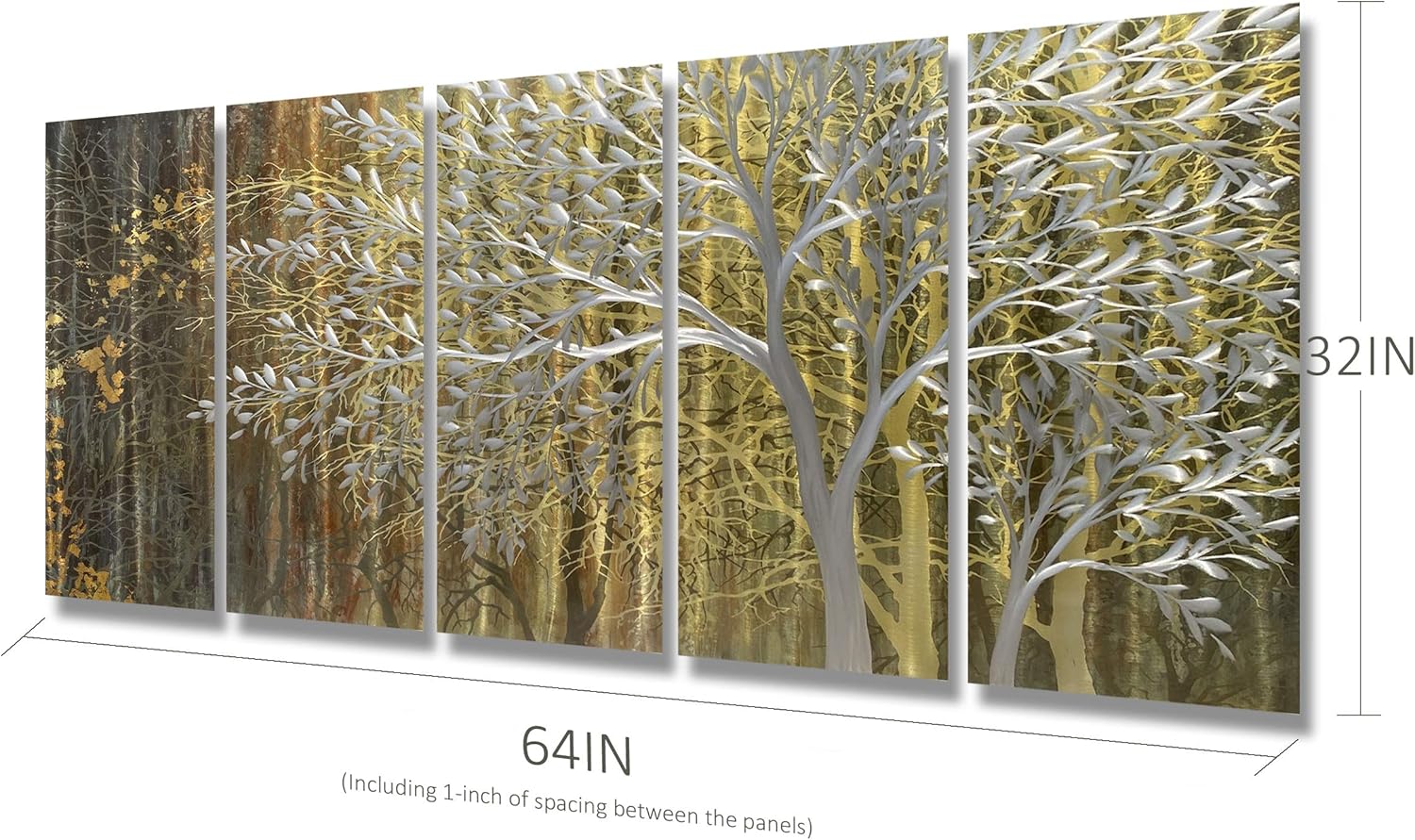 BATRENDY ARTS Large Metallic Tree Wall Art Handcrafted Silver Hanging Designs Multi-panel Indoor and Outdoor Decorative Painting 32Wx64L