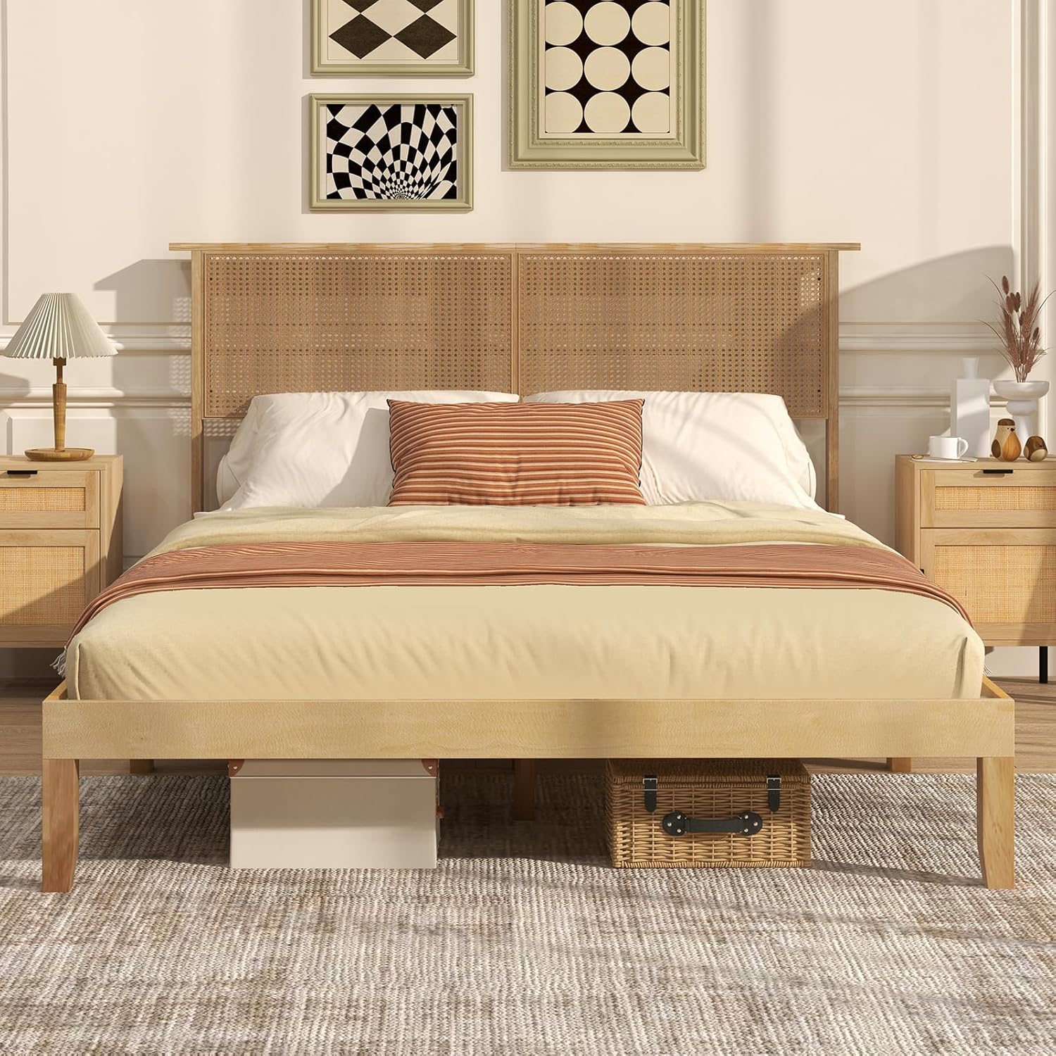 Giantex Queen Size Rattan Bed Frame with Rattan Headboard, Boho Solid Wood Platform Bed with Wooden Slats, 12 Inch Bed Frame Queen with Storage Underneath, No Box Spring Needed, Natural