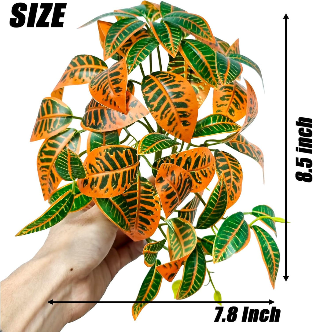 Woyrise 2 Pack Reptile Plants, Terrarium Hanging Plant Vines, Artificial Leaves with Suction Cup, Bearded Dragon Tank Accessories for Gecko Lizard Snake Frog Tortoise Decorations - Codiaeum Variegatum