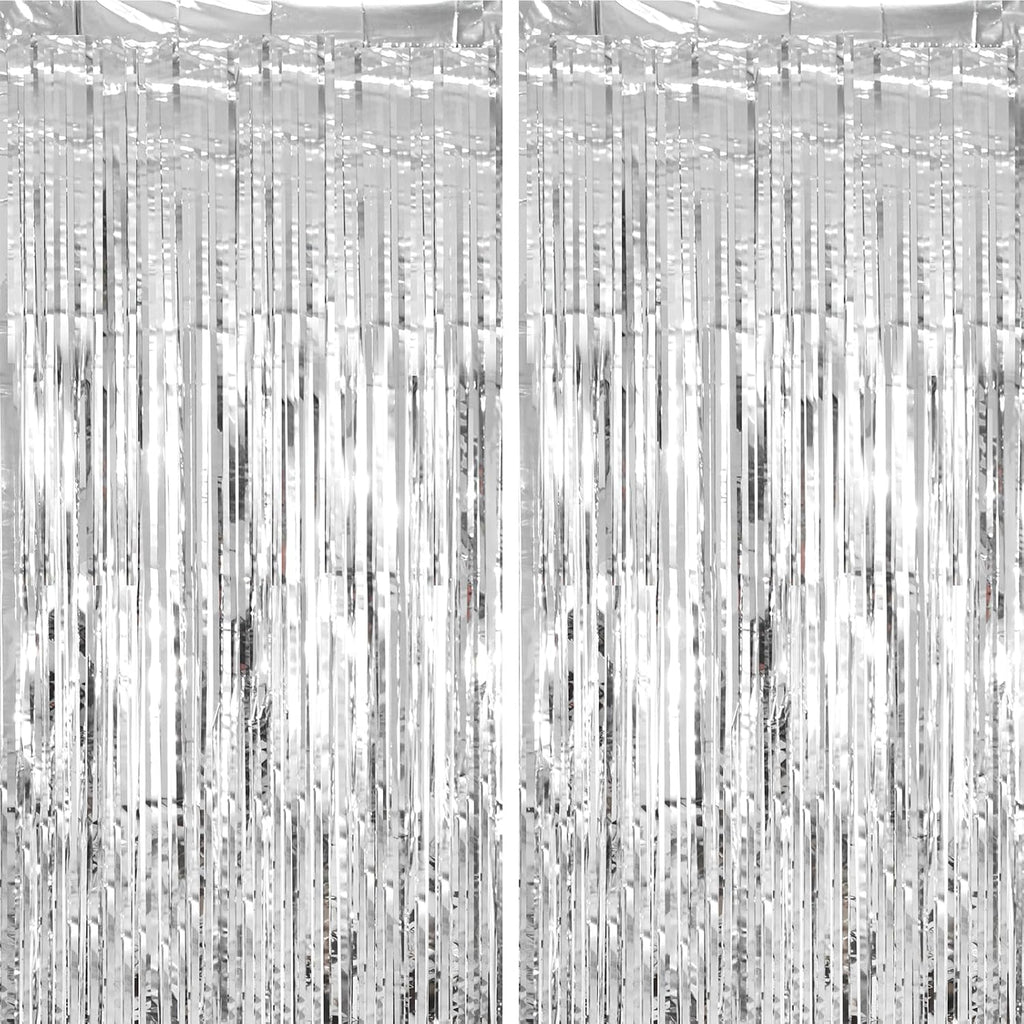 2 Pack Silver Tinsel Foil Fringe Curtains, Silver Party Decorations, Metallic Tinsel Party Streamers Backdrop for Birthday Baby Shower Graduation Wedding Bachelorette Party Decorations