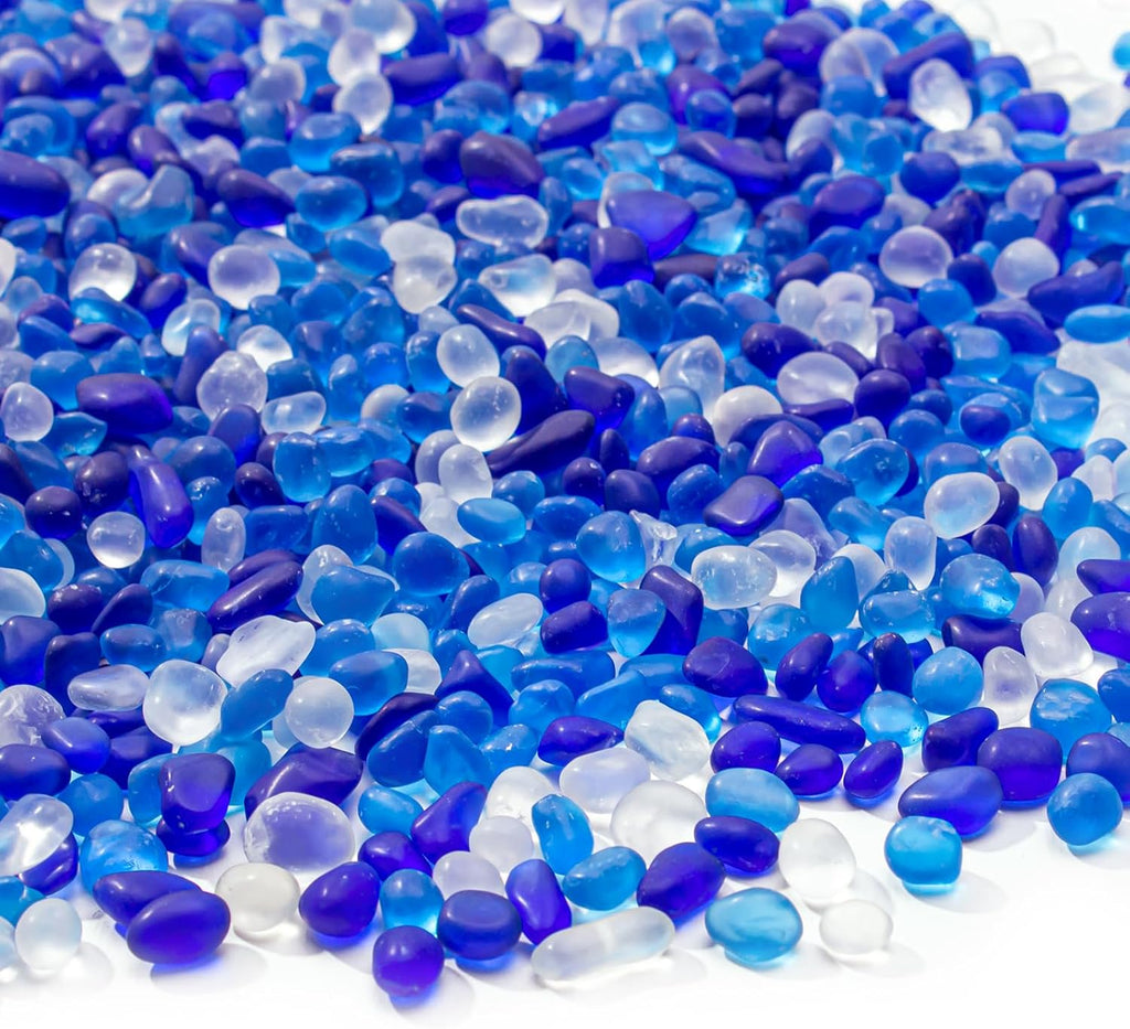 Keedolla 0.9 Lb Frosted Blue Mixed Gemstone Vase Fillers Beads Fish Tank Rocks Gravel, Betta Fish Bowl Rocks Pebbles for DIY Crafts, Aquarium and Home Decor - Sea Blue, Cobalt Blue, White