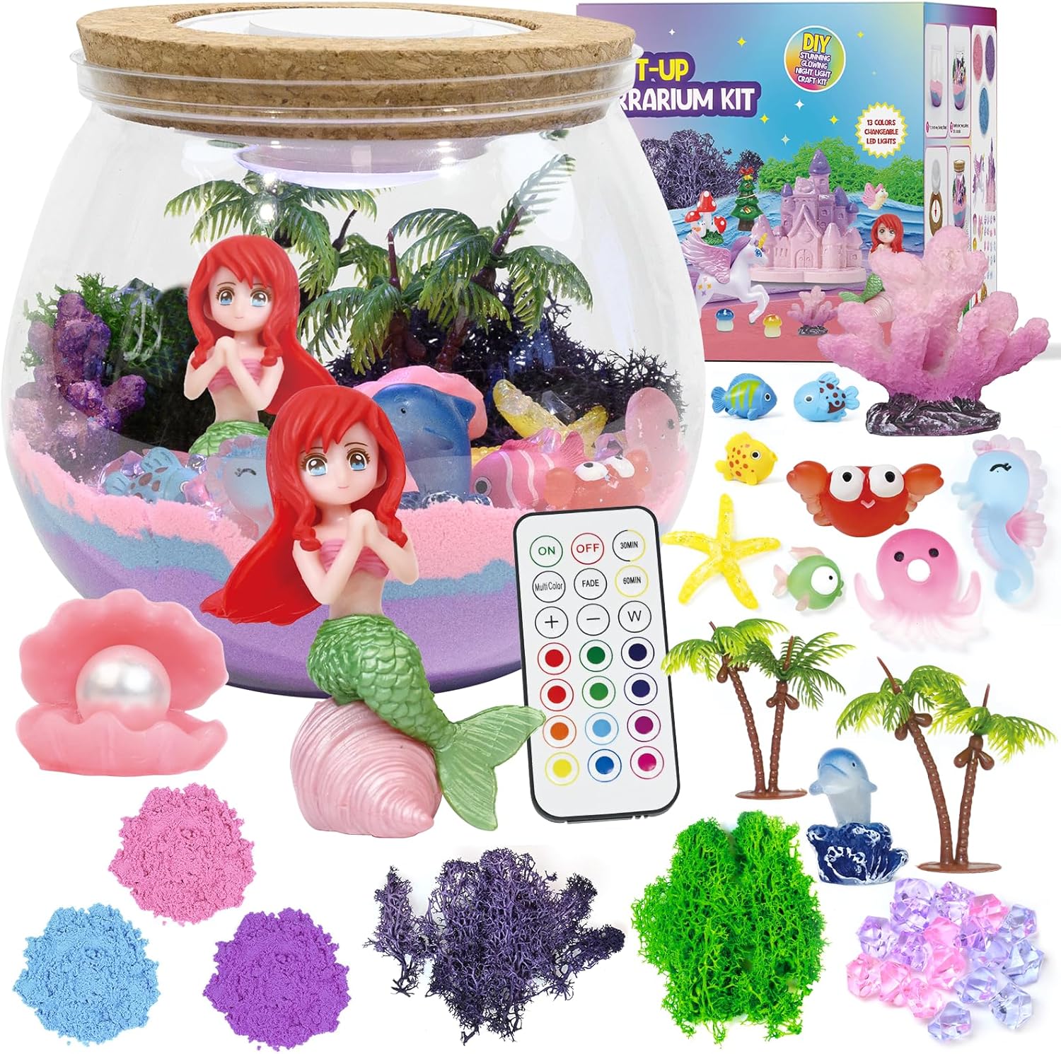 Mermaid Terrarium Kit for Kids - LED Night Light Birthday Gift for Girls Ages 4 5 6 7 8-12 Year Old - Toys for Girl - DIY Arts and Crafts Kit for Kids - Best Girls Presents (Mermaid)