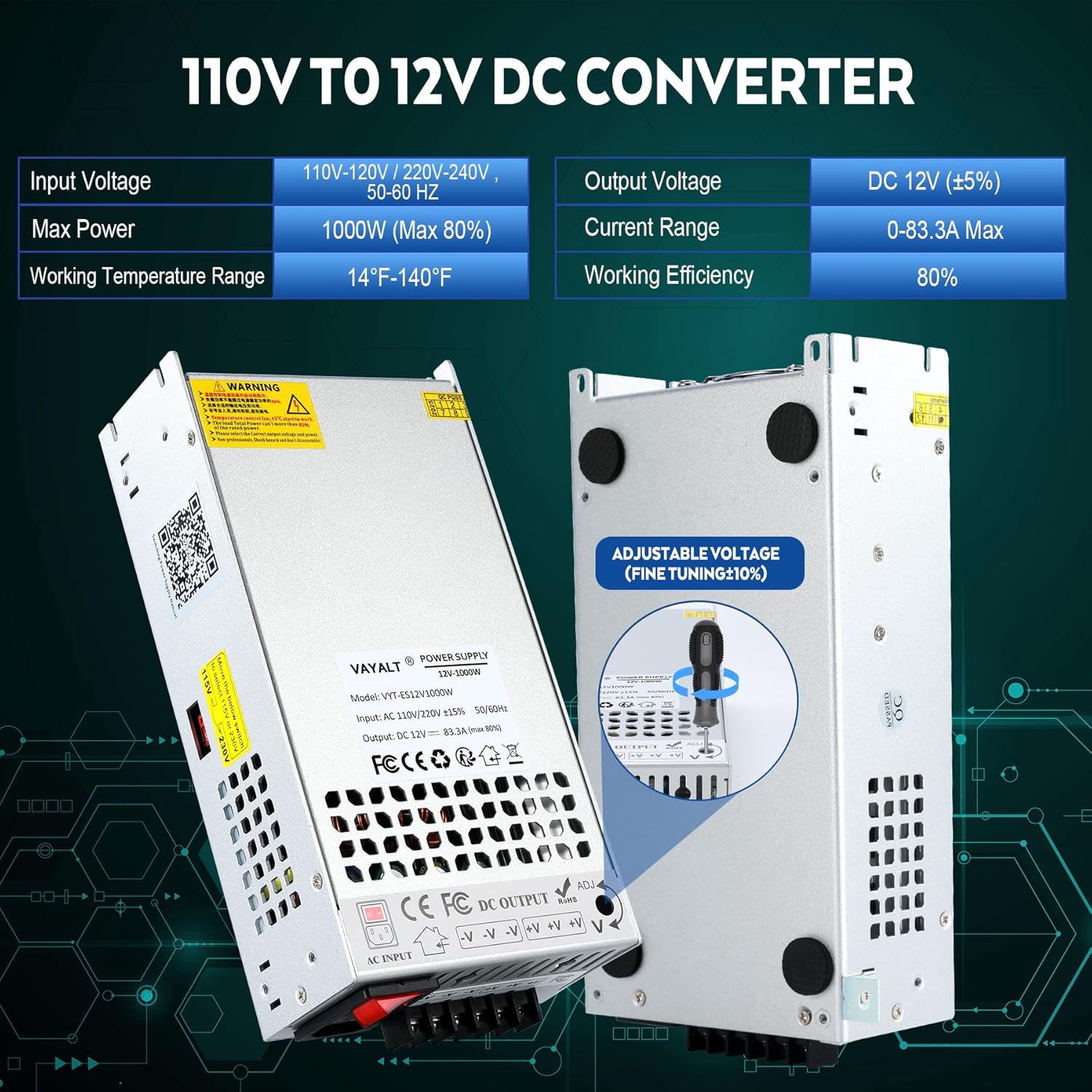 VAYALT 12V 83.3A 1000W DC Switching Power Supply, Universal Regulated Switching AC 110V/220V to DC 12V Transformer, 12V Power Suply for Industrial, Computer Project(No Power Cord)