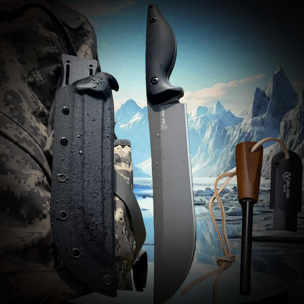 BA-KOR 5MM (9CR18MOV) steel 12.8'' full tang Hunting knife +K sheathing &5.9" cerium igniter can be used outdoors for outdoor hunting, camping, obstacle clearing, wood chopping, BBQ, fishing, kitchen cutting, EDC tools, gifts