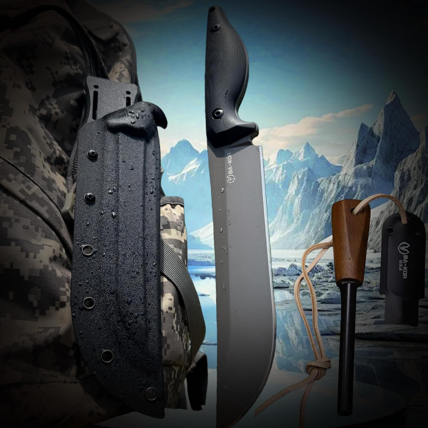BA-KOR 5MM (9CR18MOV) steel 12.8'' full tang Hunting knife +K sheathing &5.9" cerium igniter can be used outdoors for outdoor hunting, camping, obstacle clearing, wood chopping, BBQ, fishing, kitchen cutting, EDC tools, gifts