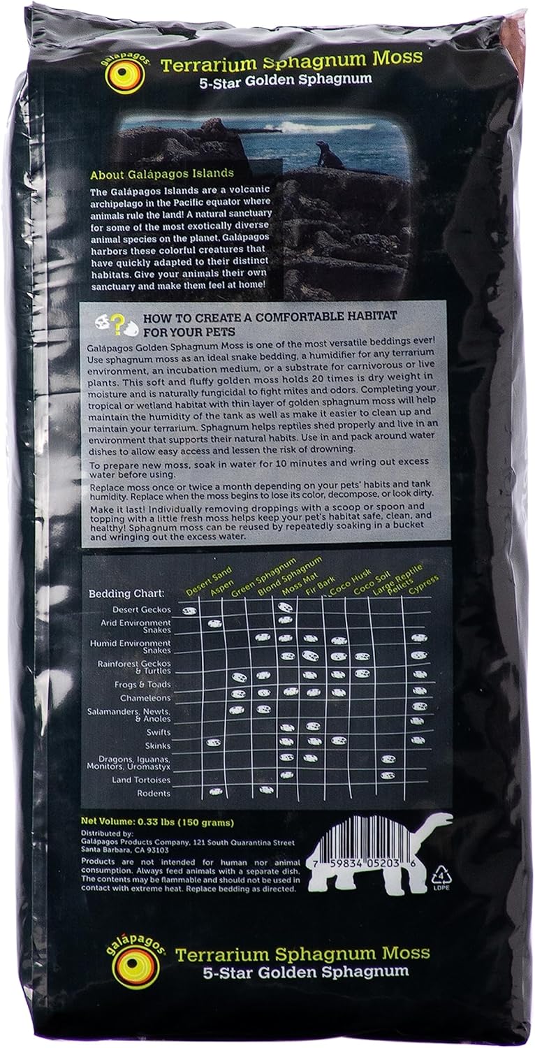 Galápagos (05203) 5-Star Golden Sphagnum Moss | Long-Fiber Snake Bedding, Reptile Substrate & Terrarium Moss for Frogs, Toads, Carnivorous Plants, Leopard Geckos, Snakes, and Amphibians, 1/3 Pound