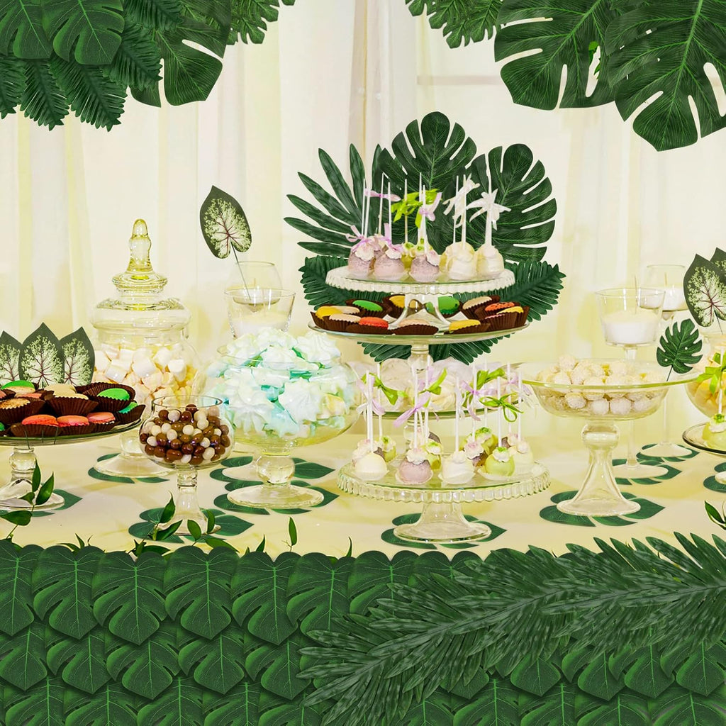 Jungle Party Decorations, 78 Pieces 8 Kinds Artificial Palm Leaves Green Tropical Leaves with Stems Jungle Leaves Decorations Palm for Hawaiian Luau Party Jungle Beach Table