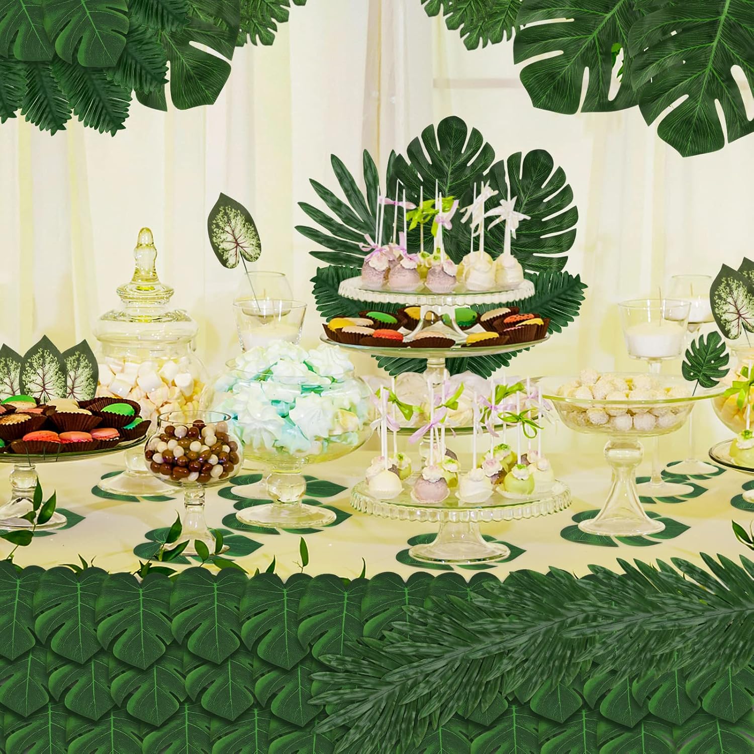 Jungle Party Decorations, 78 Pieces 8 Kinds Artificial Palm Leaves Green Tropical Leaves with Stems Jungle Leaves Decorations Palm for Hawaiian Luau Party Jungle Beach Table