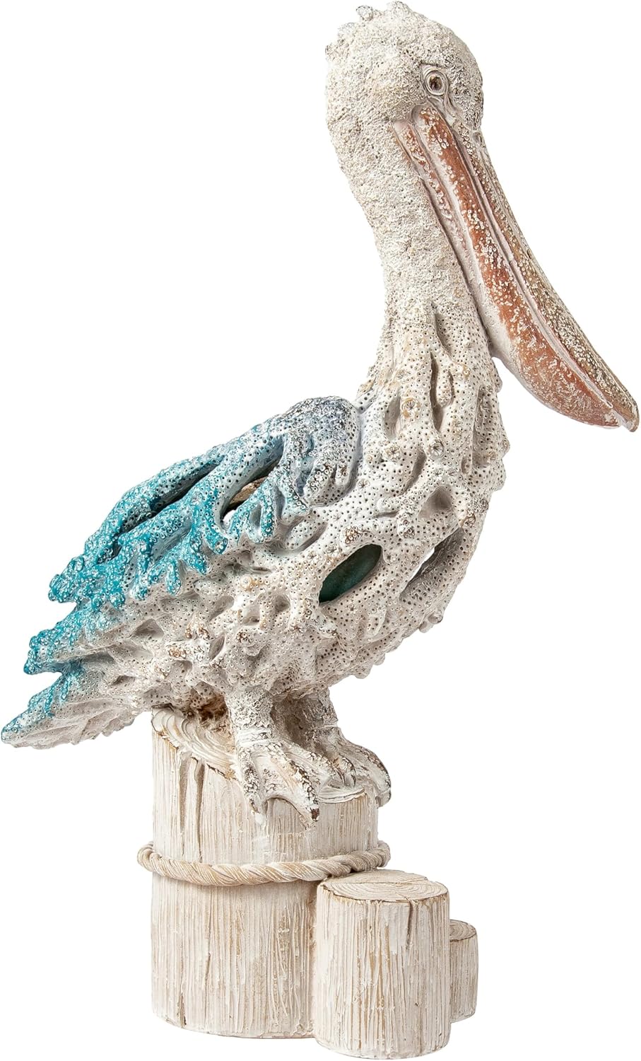 Blue Pelican on Post Figurine – 13.75” Coastal Nautical Decor, Coral Reef Ocean Statue for Beach Home Accent, Shelf, Mantel, or Tabletop Display